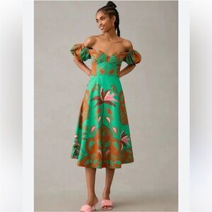 Anthropologie Maeve Green Off-Shoulder Sundress Midi